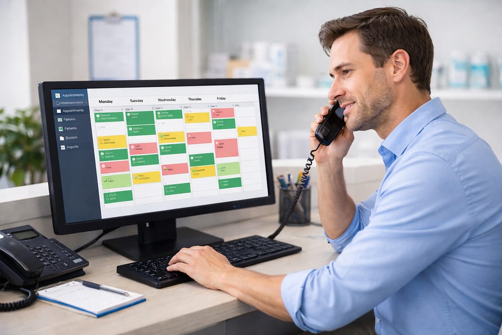 secretaria para clinicas gestionando llamadas y citas de pacientes