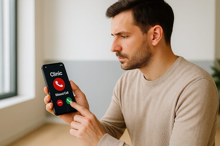 Persona intentando devolver una llamada perdida de una clínica desde un smartphone en un entorno interior moderno.